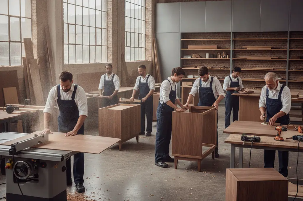 RAM Furniture team working on custom joinery in the workshop